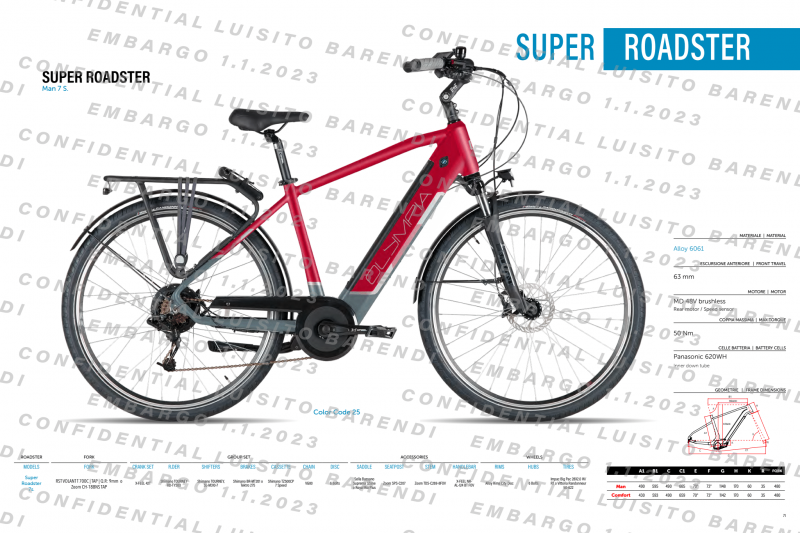 Bicicletta E-Bike Olympia "Super Roadster 2023 MAN  700 “Colore Rossa Opaca-Argento, Batteria Samsung 620 Wh